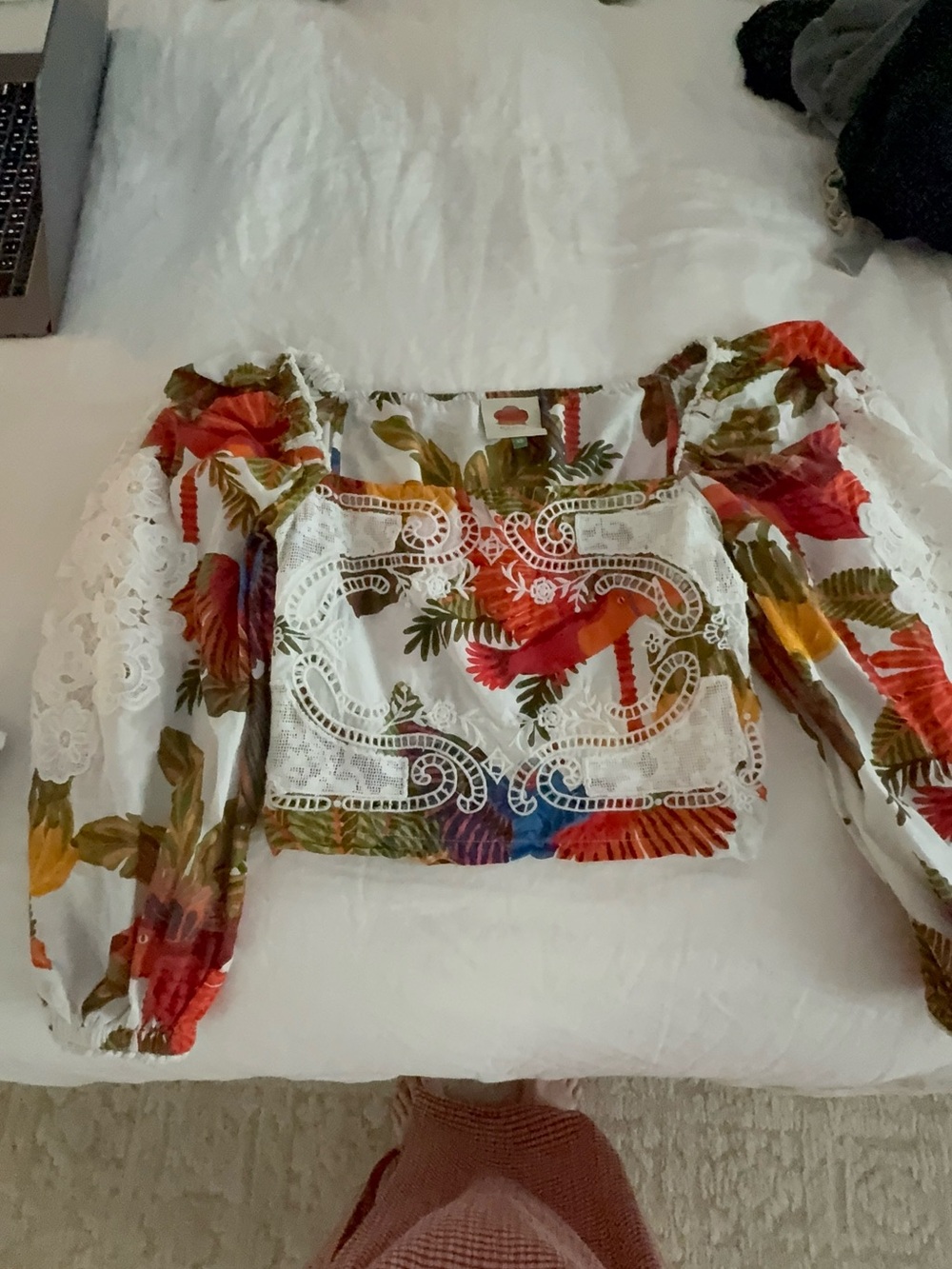 FARM Rio White Floral Eyelet Cropped Top with Multicolor Print